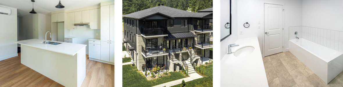 Condos neufs au Flanc Sud du Mont-Orford, Magog - Intérieur cuisine blanche et salle de bain épurée Gestion Floria.