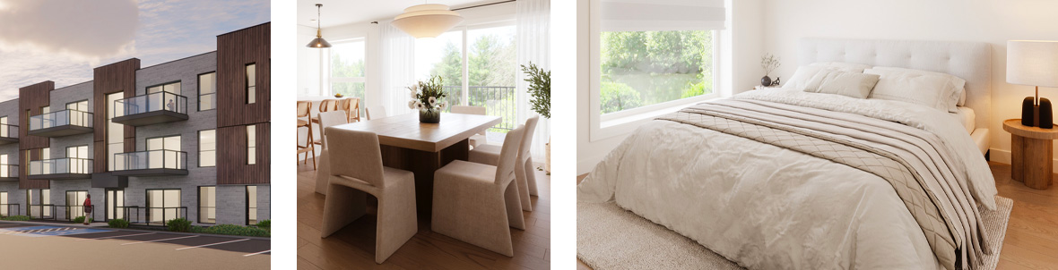 Appartements neufs Le Soléa à Magog - Intérieur chaleureux avec salle à manger et chambre moderne Gestion Floria.