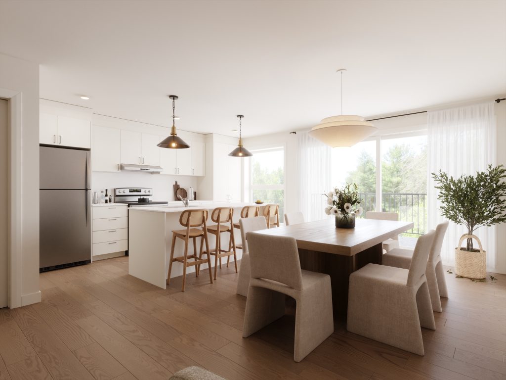 Aperçu de l'aire ouverte d'un condo neuf à louer à Sherbrooke | Cuisine moderne avec îlot et salle à manger - Gestion Floria
