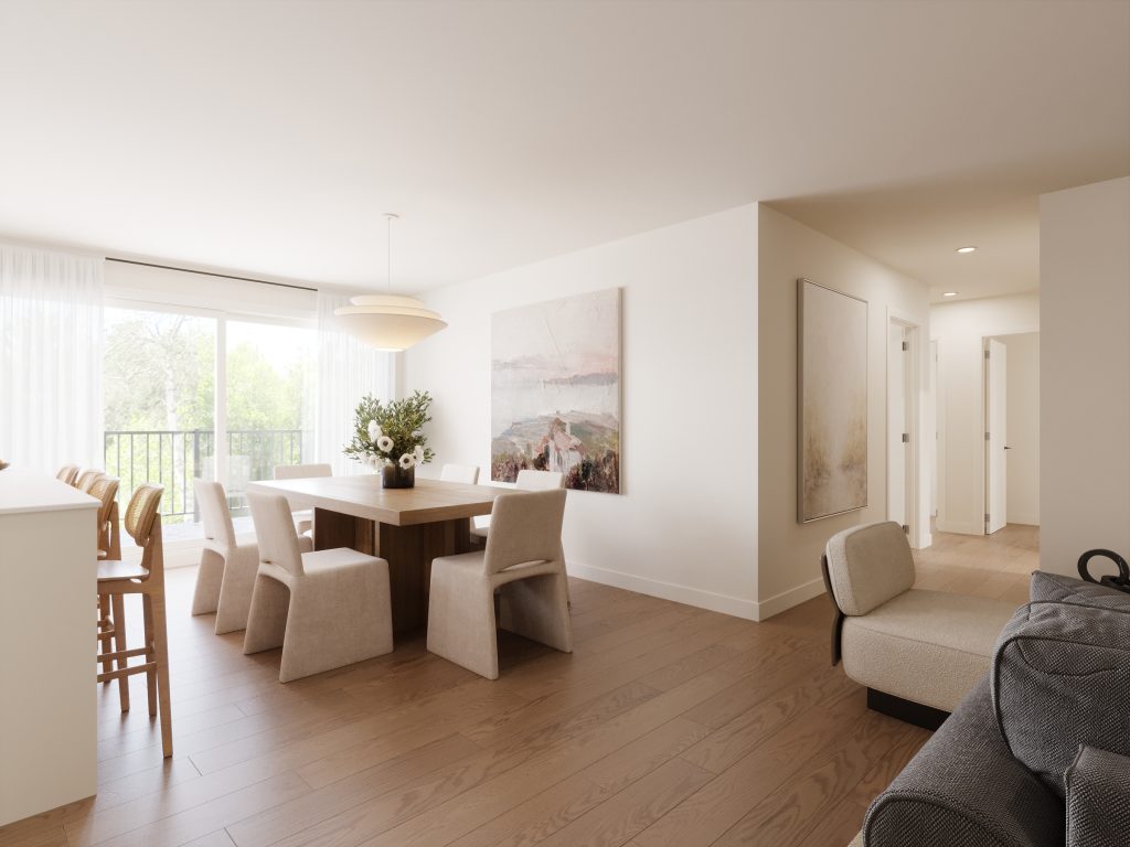 Aperçu de l'aire ouverte d'un condo neuf à louer à Sherbrooke | Cuisine moderne avec îlot et salle à manger - Gestion Floria