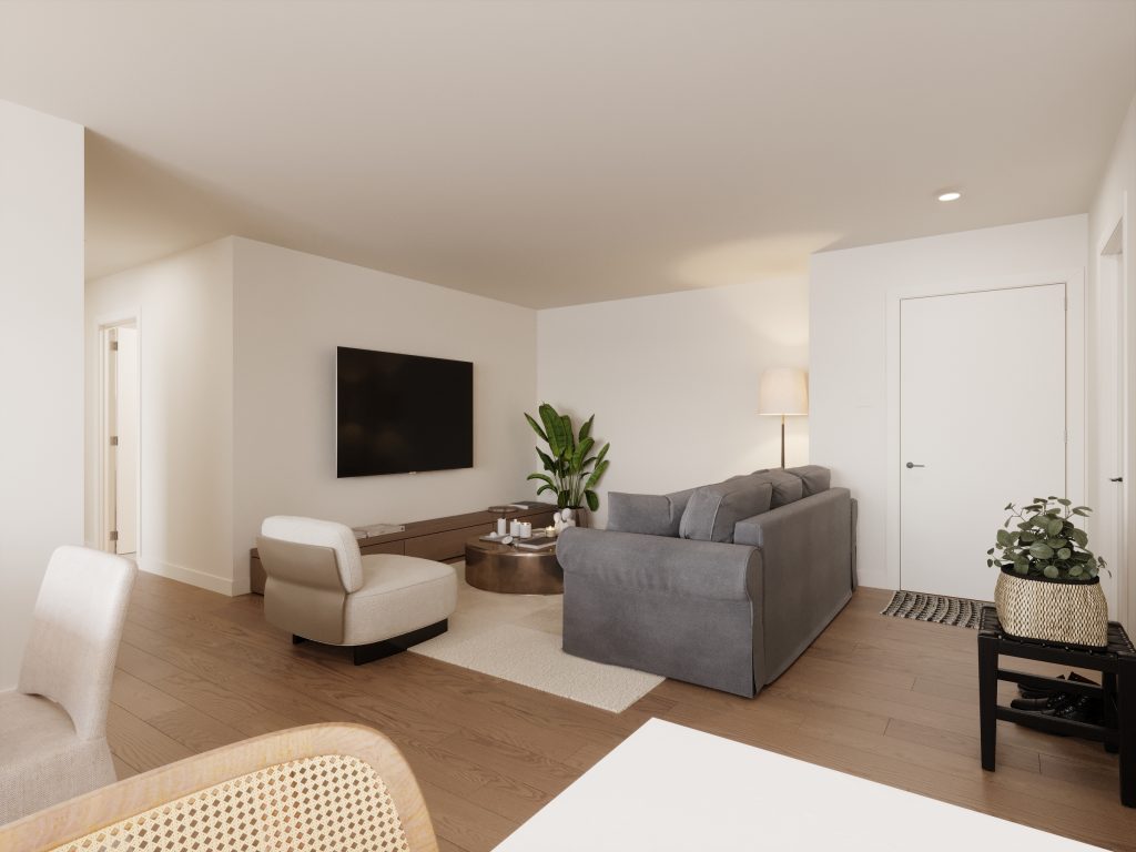 Salon moderne avec décoration épurée dans un condo neuf à louer à Sherbrooke - Gestion Floria