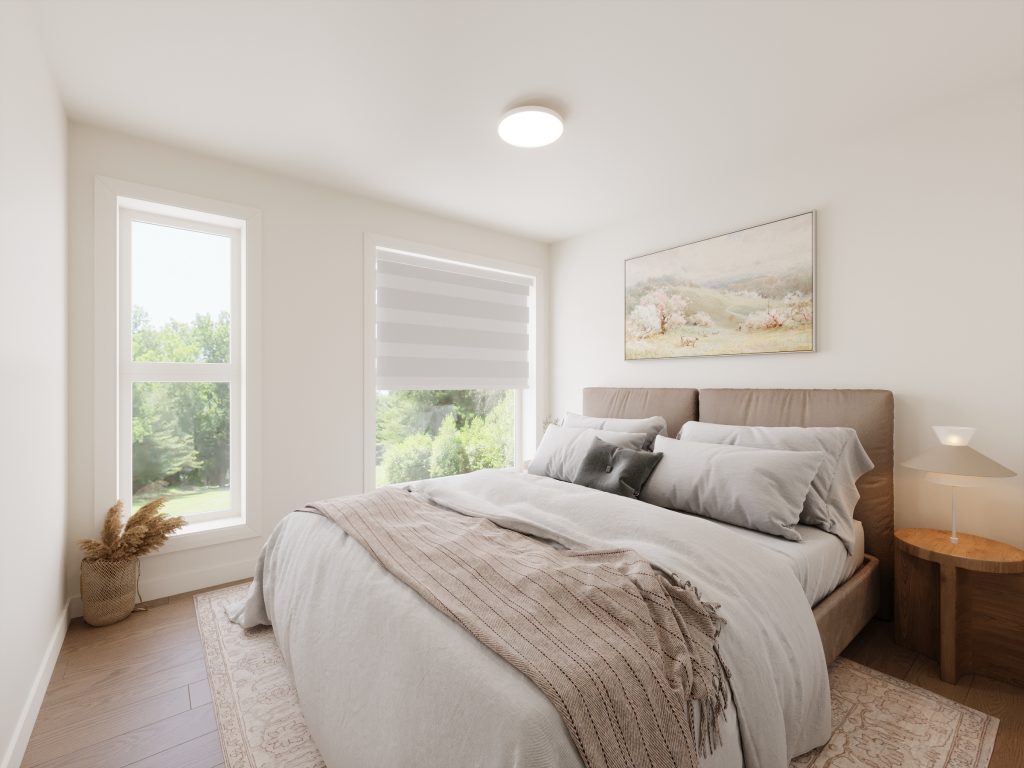 Chambre à coucher moderne et lumineuse dans un condo neuf à louer à Sherbrooke | Décoration épurée et grande fenêtre - Gestion Floria