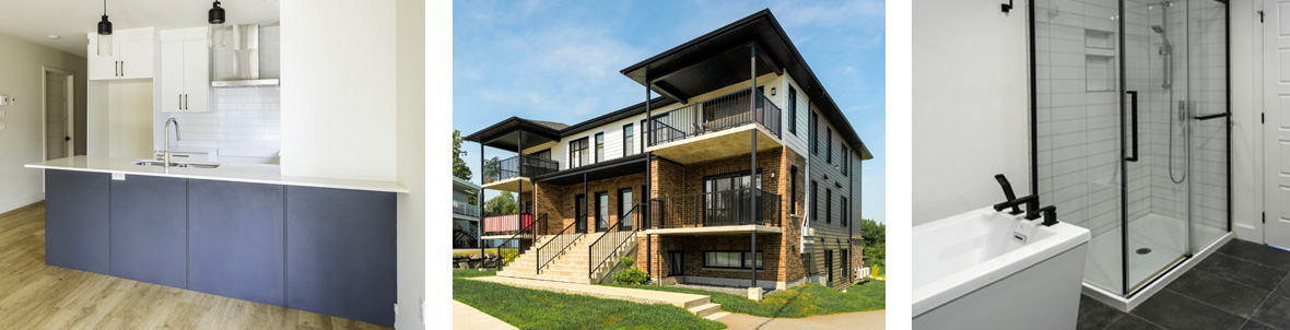 Appartements neufs à louer rue McGregor à Sherbrooke - Cuisine avec grand îlot et salle de bain douche vitrée Gestion Floria.