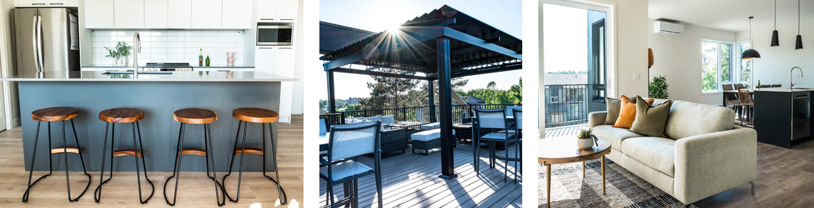 Appartements avec terrasse privée rue Mézy à Sherbrooke - Salon moderne et cuisine avec îlot central Gestion Floria.