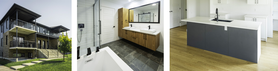 Appartements haut de gamme rue Yvonne-Bolduc à Sherbrooke - Salle de bain moderne vanité double et cuisine îlot noir Gestion Floria.